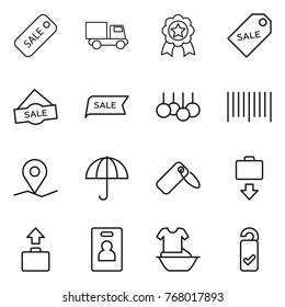 Thin line icon set : sale, truck, medal, label, bar code, geo pin, dry cargo, baggage get, identity card, handle washing, please clean