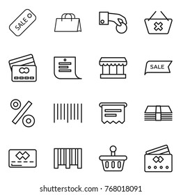 Thin line icon set : sale, shopping bag, hand coin, delete cart, credit card, list, market, percent, bar code, atm receipt, money, basket