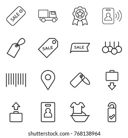 Thin line icon set : sale, truck, medal, pass card, label, bar code, geo pin, baggage get, identity, handle washing, please clean