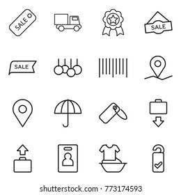 Thin line icon set : sale, truck, medal, bar code, geo pin, dry cargo, label, baggage get, identity card, handle washing, please clean