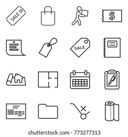 Thin line icon set : sale, shopping bag, courier, receipt, list, label, copybook, project, plan, calendar, clipboard pen, invoice, documents, do not trolley sign, paper towel