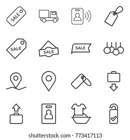 Thin line icon set : sale, truck, pass card, label, geo pin, baggage get, identity, handle washing, please clean