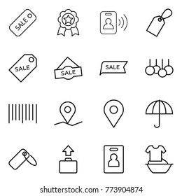 Thin line icon set : sale, medal, pass card, label, bar code, geo pin, dry cargo, baggage, identity, handle washing