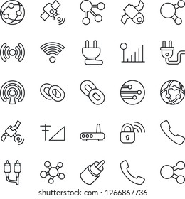 Thin Line Icon Set - satellite vector, network, share, chain, rca, call, cellular signal, wireless, power plug, lock, router, social media