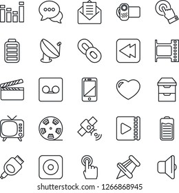 Thin Line Icon Set - satellite antenna vector, clapboard, film frame, reel, tv, equalizer, video camera, cell phone, touch screen, dialog, chain, heart, paper pin, battery, mail, rewind, rec button
