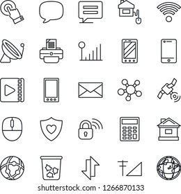 Thin Line Icon Set - satellite antenna vector, trash bin, mobile phone, mail, mouse, printer, house, heart shield, cell, touch screen, share, message, network, data exchange, video, cellular signal