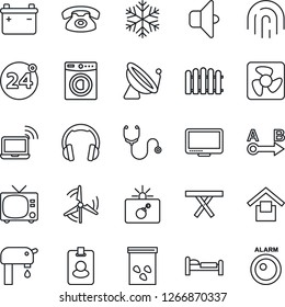 Thin Line Icon Set - satellite antenna vector, 24 around, tv, bomb in case, wireless notebook, bed, fence, seeds, picnic table, stethoscope, warehouse storage, route, headphones, monitor, windmill