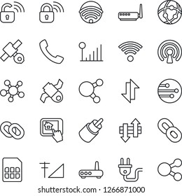 Thin Line Icon Set - satellite vector, share, chain, rca, call, sim, network, data exchange, cellular signal, wireless, power plug, lock, router, home control app, social media