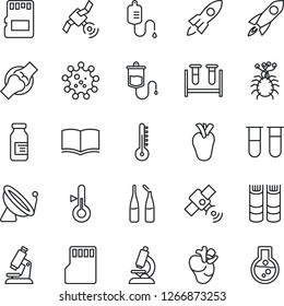 Thin Line Icon Set - satellite antenna vector, book, blood test vial, dropper, microscope, ampoule, real heart, joint, virus, sd, thermometer, rocket, flask