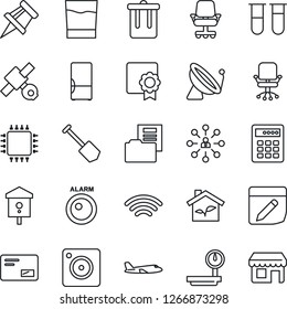 Thin Line Icon Set - satellite antenna vector, trash bin, plane, hierarchy, office chair, job, bird house, blood test vial, heavy scales, mail, mobile camera, notes, wireless, sertificate, fridge