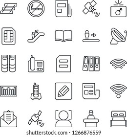 Thin Line Icon Set - satellite antenna vector, escalator, no smoking, bomb in case, reception, book, document, office phone, barcode, radio, mail, sim, notes, wireless, face id, news, paper binder