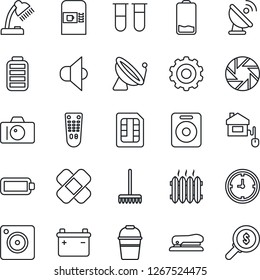 Thin Line Icon Set - satellite antenna vector, coffee machine, camera, gear, rake, bucket, blood test vial, patch, clock, speaker, remote control, battery, low, mobile, sim, desk lamp, stapler, home