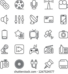 Thin Line Icon Set - satellite antenna vector, reel, vinyl, camera, microphone, radio, speaker, tv, gamepad, settings, video, cell phone, chain, favorites list, paper pin, low battery, mail, rca
