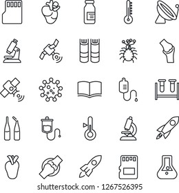 Thin Line Icon Set - satellite antenna vector, book, blood test vial, dropper, microscope, ampoule, real heart, joint, virus, sd, thermometer, rocket, flask