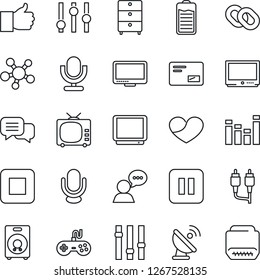 Thin Line Icon Set - satellite antenna vector, archive chest, tv, gamepad, settings, equalizer, microphone, dialog, speaker, monitor, share, chain, finger up, heart, battery, mail, pause button, rca