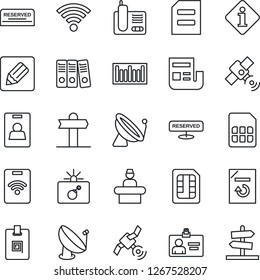 Thin Line Icon Set - satellite antenna vector, bomb in case, reception, identity card, document, reload, signpost, barcode, radio phone, sim, notes, wireless, news, paper binder, reserved, pass