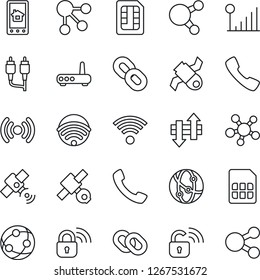 Thin Line Icon Set - satellite vector, network, share, chain, rca, call, sim, data exchange, cellular signal, wireless, lock, router, home control app, social media