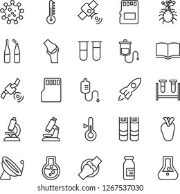 Thin Line Icon Set - satellite antenna vector, book, blood test vial, dropper, microscope, ampoule, real heart, joint, virus, sd, thermometer, rocket, flask