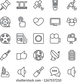 Thin Line Icon Set - satellite antenna vector, film frame, reel, news, speaker, video camera, remote control, network, touch screen, dialog, monitor, radio phone, group, finger up, heart, paper pin
