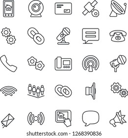 Thin Line Icon Set - satellite antenna vector, gear, team, microphone, speaker, chain, mail, call, message, wireless, phone, web camera, intercome, home control app, advertising