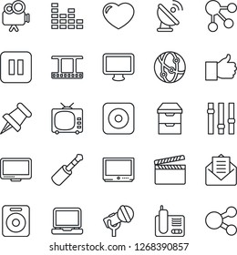Thin Line Icon Set - satellite antenna vector, clapboard, film frame, microphone, tv, settings, equalizer, video camera, network, monitor, laptop pc, radio phone, speaker, finger up, heart, mail