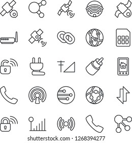 Thin Line Icon Set - satellite vector, network, share, chain, rca, call, sim, data exchange, cellular signal, wireless, power plug, lock, router, home control app, social media