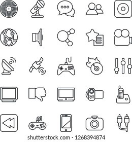 Thin Line Icon Set - satellite antenna vector, vinyl, flame disk, camera, microphone, speaker, gamepad, settings, tv, video, network, cell phone, dialog, radio, share, group, finger down, rewind