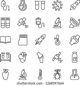 Thin Line Icon Set - satellite antenna vector, book, blood test vial, dropper, microscope, ampoule, real heart, joint, virus, sd, thermometer, rocket, flask