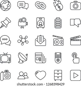Thin Line Icon Set - satellite antenna vector, clapboard, archive chest, flame disk, camera, radio, news, tv, video, remote control, network, touch screen, dialog, share, chain, speaker, group, mail