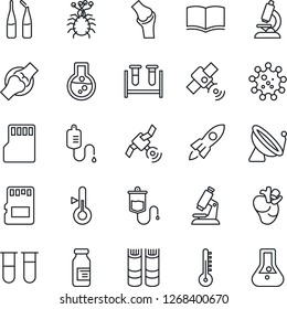 Thin Line Icon Set - satellite antenna vector, book, blood test vial, dropper, microscope, ampoule, real heart, joint, virus, sd, thermometer, rocket, flask
