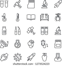Thin Line Icon Set - satellite antenna vector, book, blood test vial, dropper, microscope, ampoule, real heart, joint, virus, sd, thermometer, rocket, flask