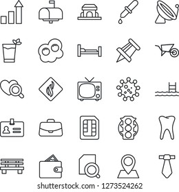 Thin Line Icon Set - satellite antenna vector, tv, identity, growth statistic, case, drawing pin, wheelbarrow, bench, dropper, heart diagnostic, hospital bed, tooth, virus, traffic light, sim, pool