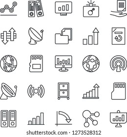 Thin Line Icon Set - satellite antenna vector, bomb in case, growth statistic, office binder, crisis graph, document, monitor, reload, folder, network, sd, data exchange, bar, point, archive box