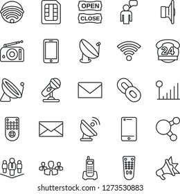 Thin Line Icon Set - satellite antenna vector, mobile phone, speaking man, mail, office, 24 hours, microphone, radio, speaker, remote control, cell, share, chain, sim, wireless, cellular signal