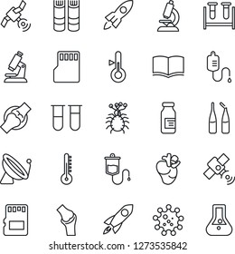 Thin Line Icon Set - satellite antenna vector, book, blood test vial, dropper, microscope, ampoule, real heart, joint, virus, sd, thermometer, rocket, flask