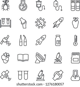 Thin Line Icon Set - satellite antenna vector, book, blood test vial, dropper, microscope, ampoule, real heart, joint, virus, sd, thermometer, rocket, flask