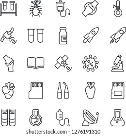 Thin Line Icon Set - satellite antenna vector, book, blood test vial, dropper, microscope, ampoule, real heart, joint, virus, sd, thermometer, rocket, flask