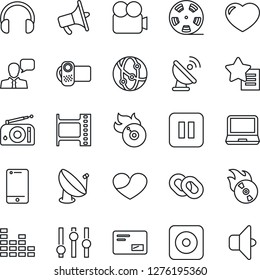 Thin Line Icon Set - satellite antenna vector, film frame, reel, flame disk, radio, loudspeaker, settings, equalizer, video camera, network, cell phone, speaker, headphones, laptop pc, chain, heart