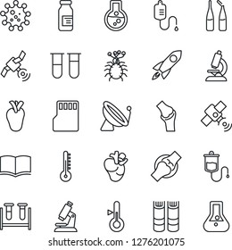 Thin Line Icon Set - satellite antenna vector, book, blood test vial, dropper, microscope, ampoule, real heart, joint, virus, sd, thermometer, rocket, flask