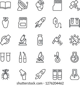 Thin Line Icon Set - satellite antenna vector, book, blood test vial, dropper, microscope, ampoule, real heart, joint, virus, sd, thermometer, rocket, flask