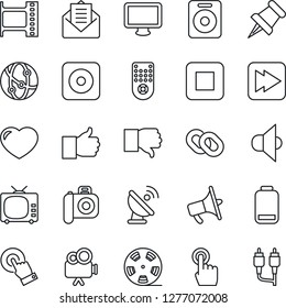 Thin Line Icon Set - satellite antenna vector, film frame, reel, camera, speaker, loudspeaker, tv, video, remote control, network, touch screen, monitor, chain, finger up, down, heart, paper pin