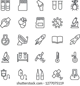 Thin Line Icon Set - satellite antenna vector, book, blood test vial, dropper, microscope, ampoule, real heart, joint, virus, sd, thermometer, rocket, flask
