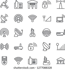 Thin Line Icon Set - satellite antenna vector, wireless notebook, office phone, remote control, radio, cellular signal, lock, router, garage gate