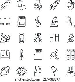Thin Line Icon Set - satellite antenna vector, book, blood test vial, dropper, microscope, ampoule, real heart, joint, virus, sd, thermometer, rocket, flask