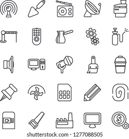 Thin Line Icon Set - satellite antenna vector, barrier, coffee machine, pencil, trowel, ripper, bucket, saw, garden sprayer, microphone, radio, speaker, monitor, paper pin, themes, sim, copier, pc