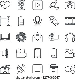Thin Line Icon Set - satellite antenna vector, film frame, vinyl, camera, radio, speaker, video, microphone, cell phone, touch screen, headphones, laptop pc, heart, battery, low, mail, play button