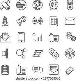 Thin Line Icon Set - satellite vector, office phone, microphone, antenna, speaker, remote control, network, cell, dialog, radio, share, chain, mail, sim, cellular signal, clipboard, paper tray, gear