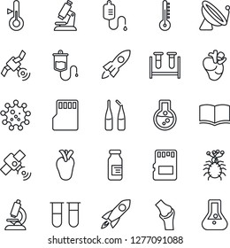 Thin Line Icon Set - satellite antenna vector, book, blood test vial, dropper, microscope, ampoule, real heart, joint, virus, sd, thermometer, rocket, flask