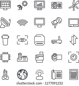 Thin Line Icon Set - satellite antenna vector, monitor pulse, earth, office phone, microphone, tv, video camera, hdmi, data exchange, wireless, statistics, copier, air conditioner, chip, router