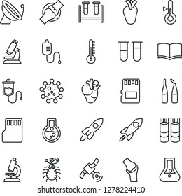 Thin Line Icon Set - satellite antenna vector, book, blood test vial, dropper, microscope, ampoule, real heart, joint, virus, sd, thermometer, rocket, flask